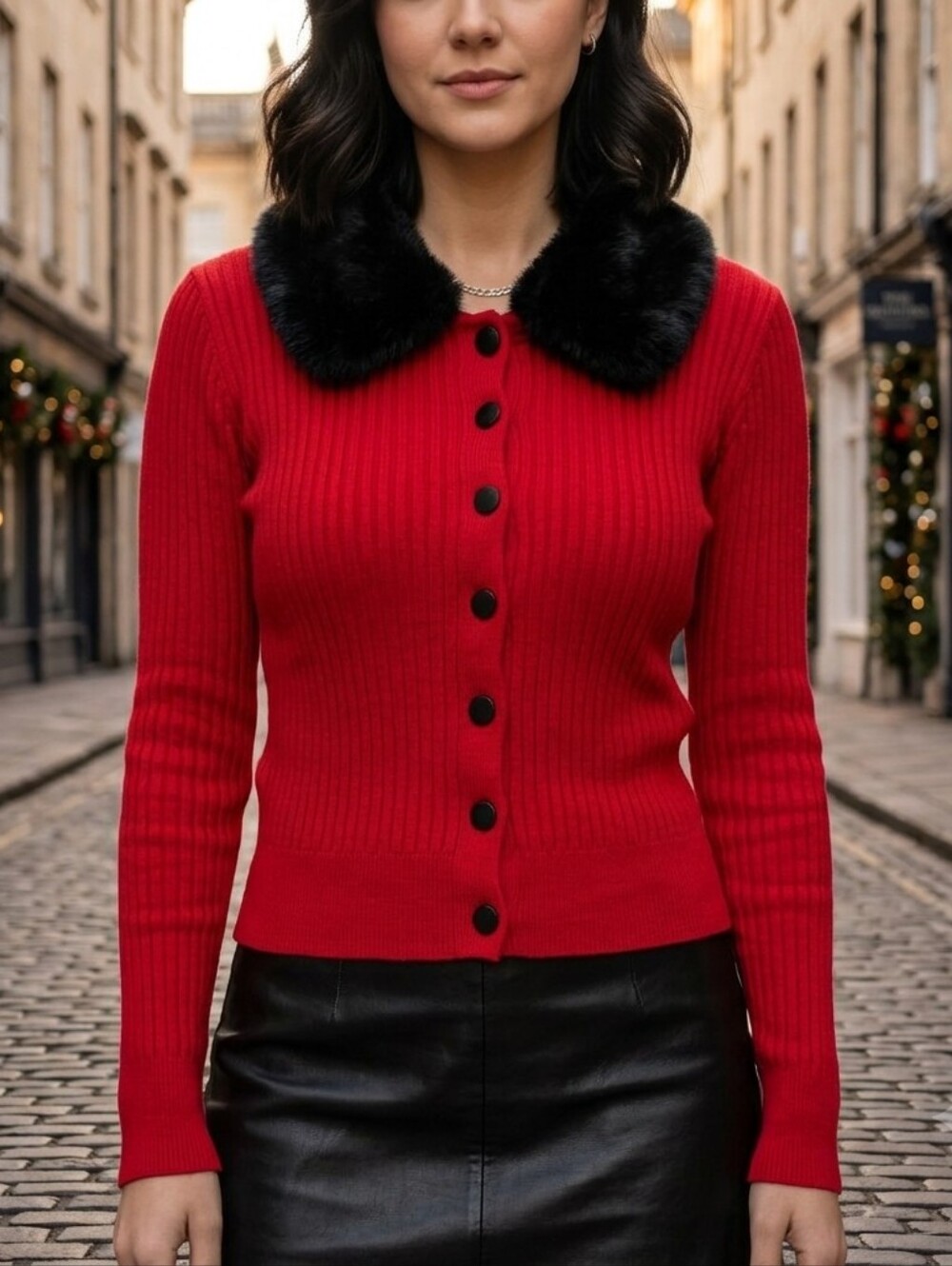 Lovie Look wool blend Faux Fur Collar Ribbed Knit Cardigan Sweater Red Size L/XL